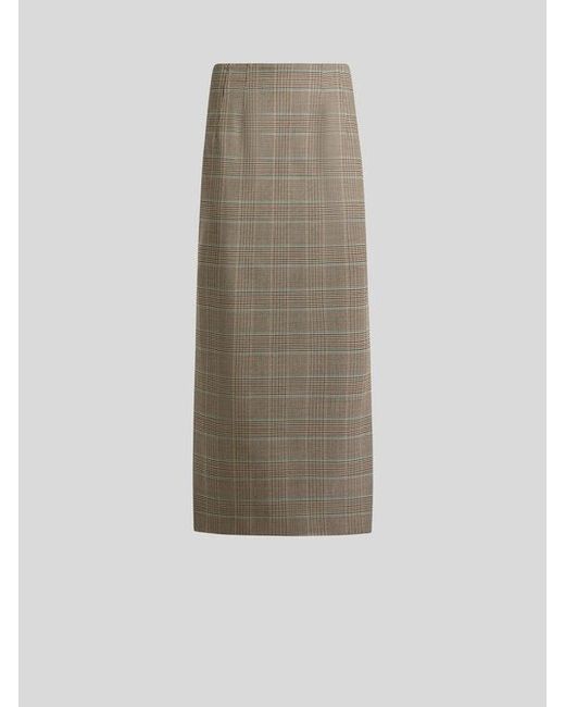 Etro Natural Stretch Wool Midi Skirt With Prince Of Wales Motif