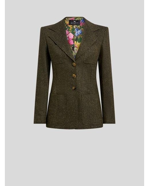 Etro Green Single-Breasted Wool-Blend Jacquard Jacket