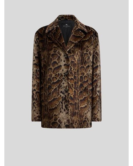 Etro Brown Cropped Velvet Coat With Leopard Motif