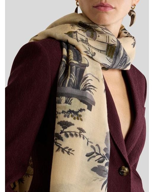 Etro Natural Wool And Cashmere Scarf With Floral Motif