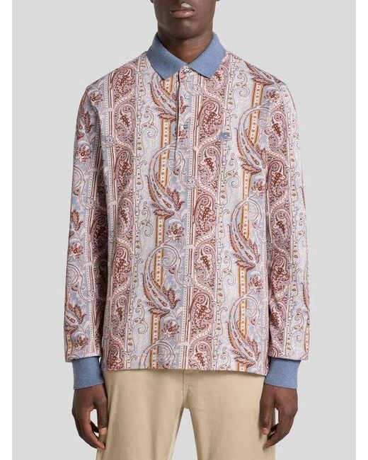 Etro Pink Cotton Pique Polo Shirt With Leafy Paisley Motif for men