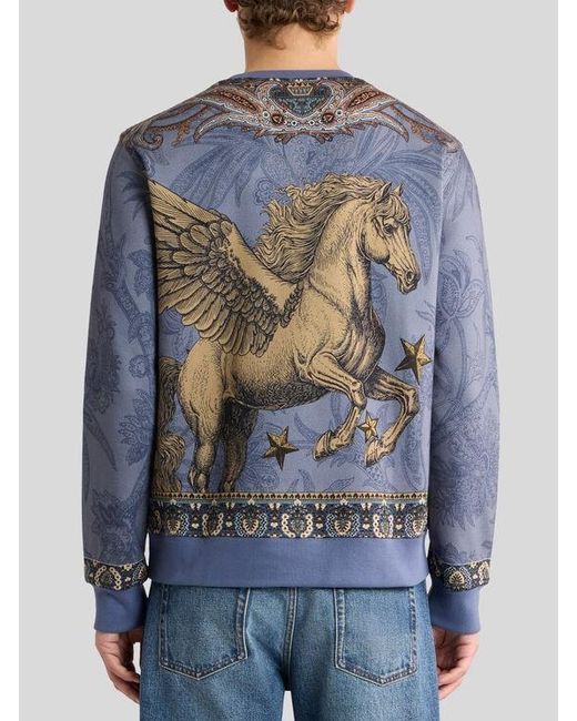 Etro Blue Cotton-Blend Sweatshirt With Placed Pegaso Print for men