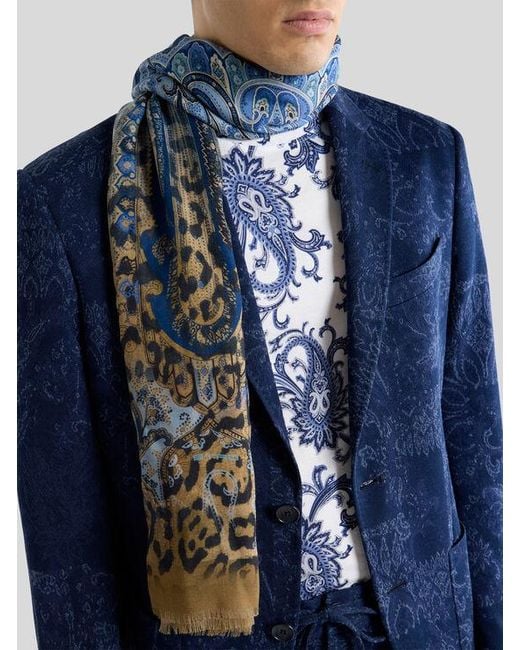 Etro Blue Paisley Pattern Scarf for men