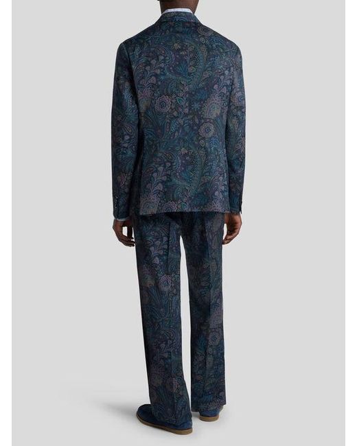 Etro Blue Single-Breasted Wool Jacket With Floral Motif for men