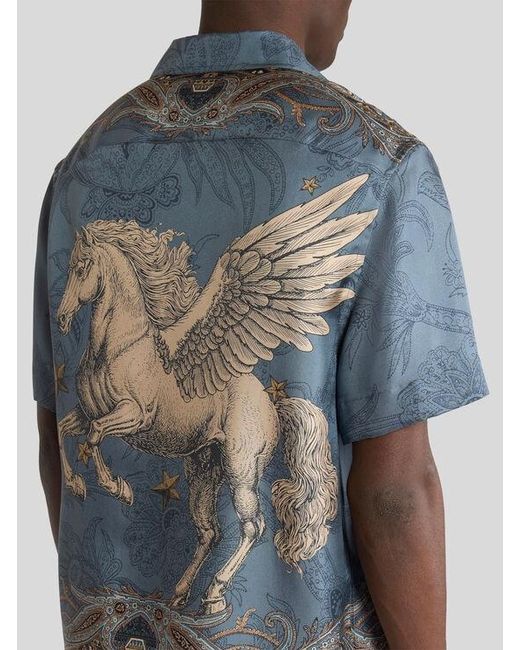 Etro Blue Silk Bowling Shirt With Placed Pegaso Print for men