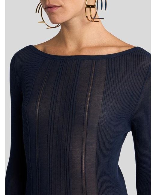 Etro Blue See-Through Cotton-Blend Jacquard Sweater With Boat Neck