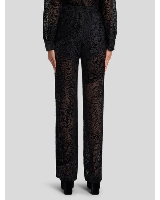Etro Black Burnout Velvet Palazzo Trousers With Floral Paisley Motif