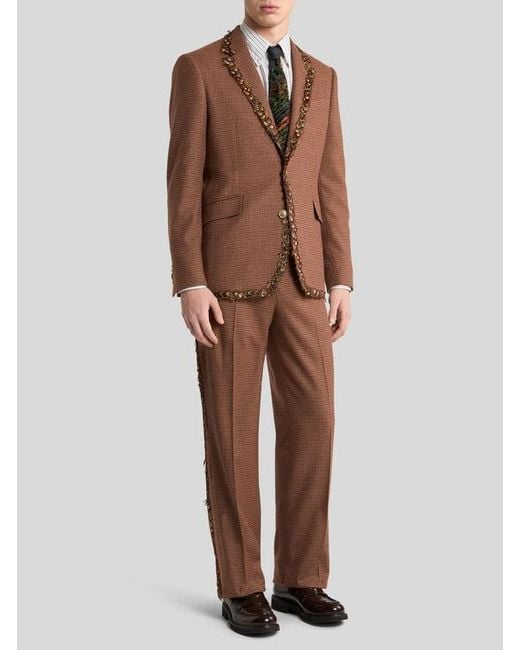 Etro Brown Single-Breasted Wool And Cashmere Jacket With Feathers And Micro Houndstooth Motif for men