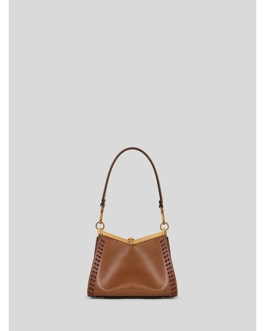 Etro Natural Small Leather Vela Bag With Threading And Floral Motif
