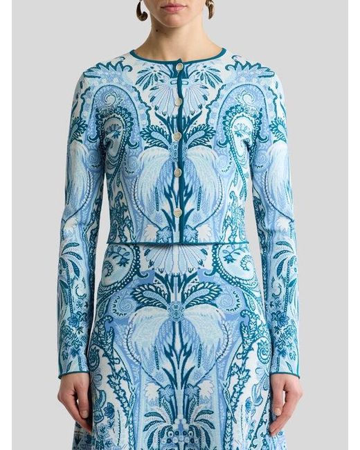 Etro Blue Jacquard Cropped Cardigan With Leafy Paisley Motif