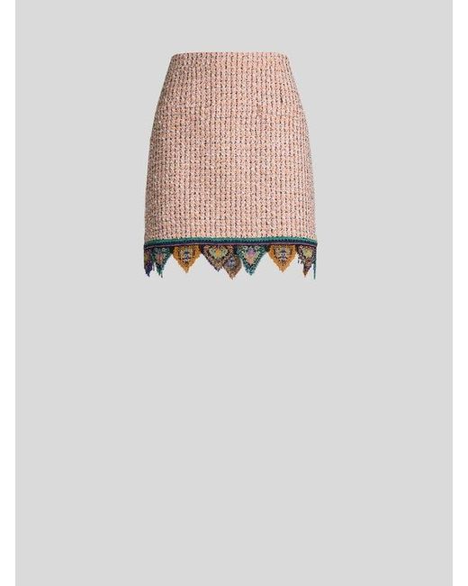 Etro White Jacquard Mini Skirt With Tweed Effect, Fringing And Check Motif