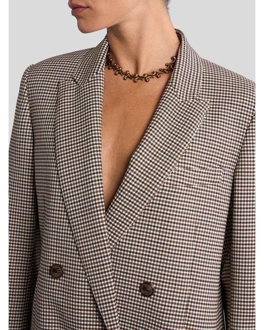 Etro Gray Double-Breasted Stretch Wool Jacket With Gingham Motif