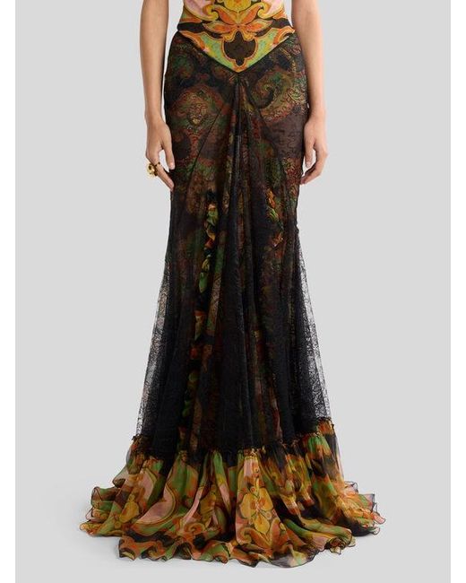 Etro Natural Silk Maxi Skirt With Lace And Floral Motif