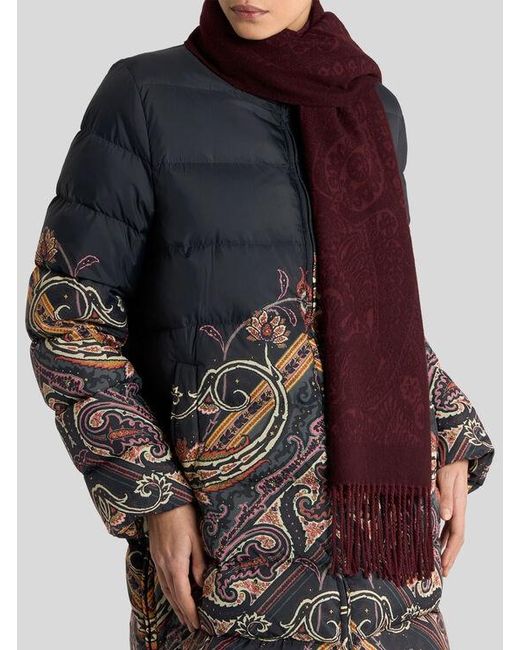 Etro Purple Wool Jacquard Scarf With Floral Paisley Motif