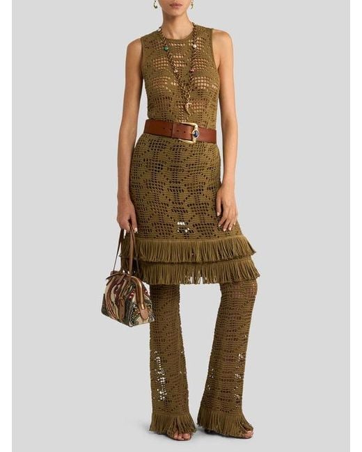 Etro Brown Crochet-Effect Cotton Flared Trousers With Fringing