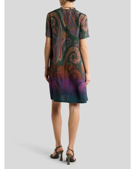 Etro Green Mini Silk Tunic Dress With Degradé Paisley Motif