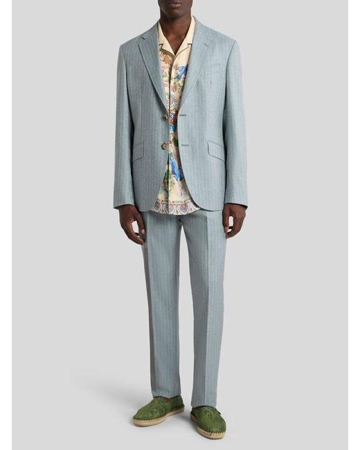 Etro Blue Single-Breasted Striped Wool And Cotton Suit for men