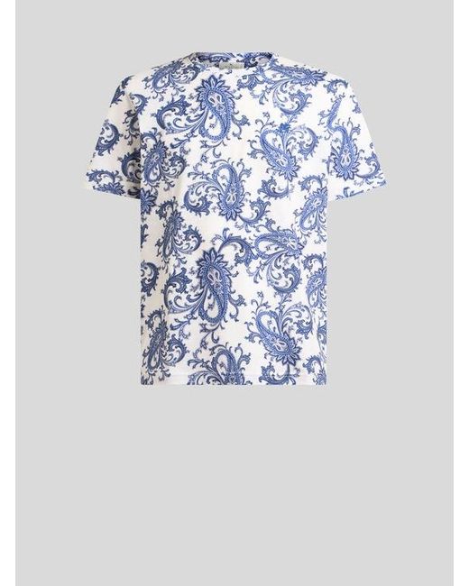 Etro Blue Cotton T-Shirt With Leafy Paisley Motif for men