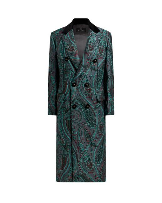 Etro Green Double-Breasted Paisley Jacquard Coat