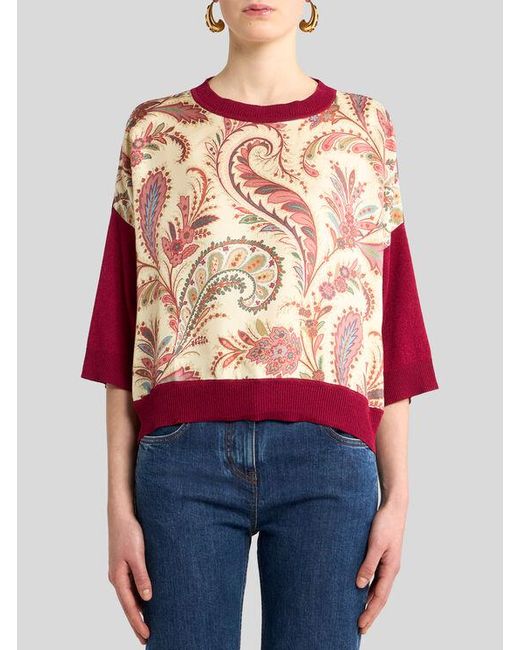 T-Shirt Avec Empiècement Paisley Fleuri, Femme, Taille Etro en coloris Natural