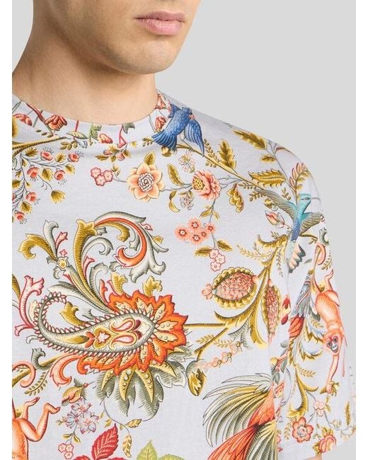 Etro White Cotton T-Shirt With Placed Flora And Fauna Print for men