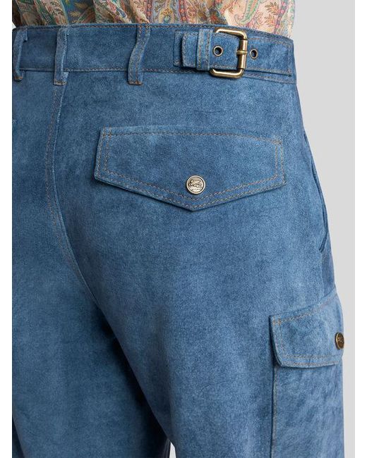 Etro Blue Denim-Effect Suede Cargo Trousers With Drawstring