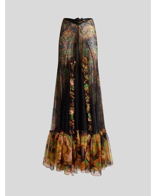 Etro Natural Silk Maxi Skirt With Lace And Floral Motif