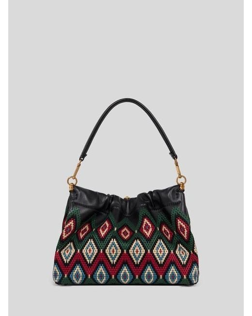 Etro White Medium Leather Vela Blossom Bag With Diamond Embroidery