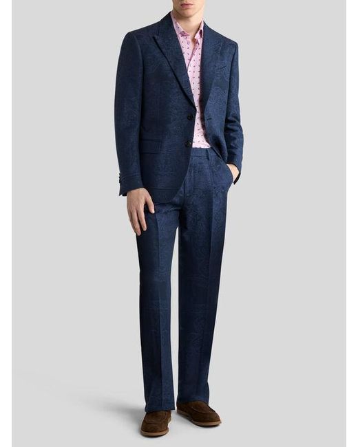 Etro Blue Cotton-Blend Jacquard Trousers With Placed Floral Paisley Motif for men