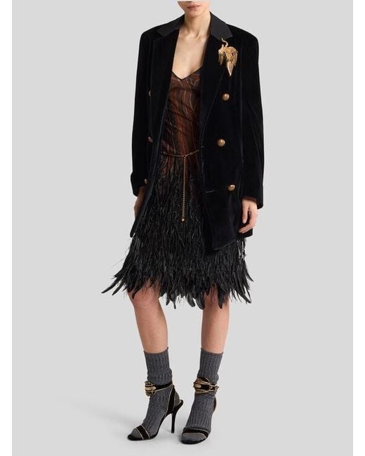 Etro Black Knee-Length Dress With Sequins, Ostrich Feathers And Paisley Motif