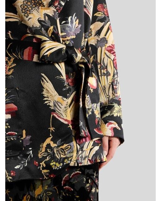 Etro Black Envers Satin Jacket With Belt And Flower And Animal Motif