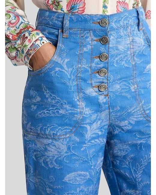 Etro Blue Flared Cotton And Linen Jacquard Denim Jeans With Floral Motif