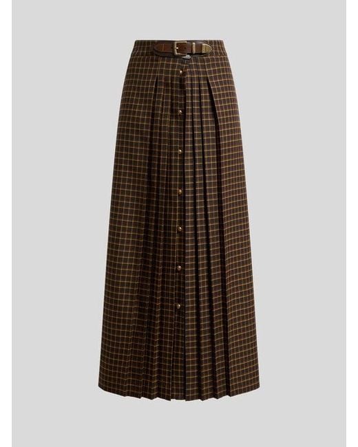 Etro Brown Wool Maxi Skirt With Pleating And Check Motif