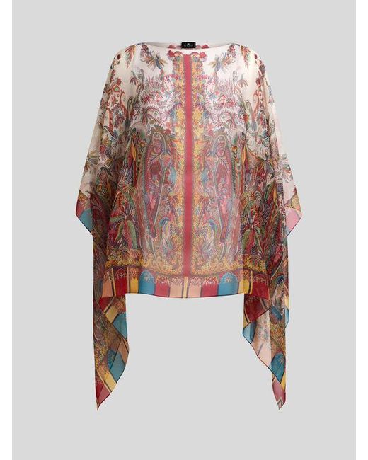 Etro Multicolor Silk Poncho Top With Paisley Foliage Motif