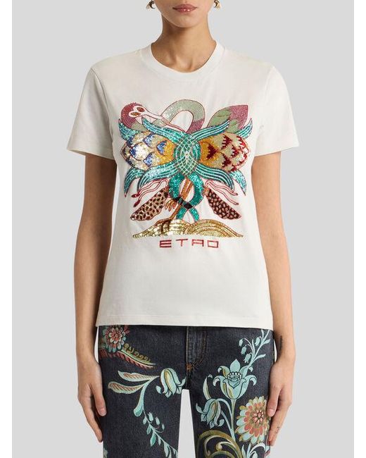 Etro White T-Shirt Aus Baumwolle Mit Stickerei, Damen, Größe