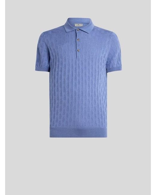 Etro Blue Knit Cotton Polo Shirt With Micro Paisley Motif for men