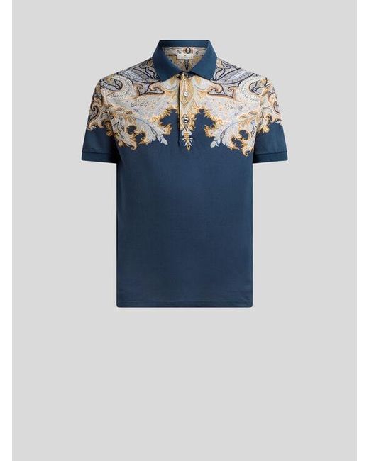 Etro Blue Cotton Pique Polo Shirt With Placed Print for men