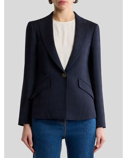 Etro Blue Single-Breasted Wool Jacquard Jacket