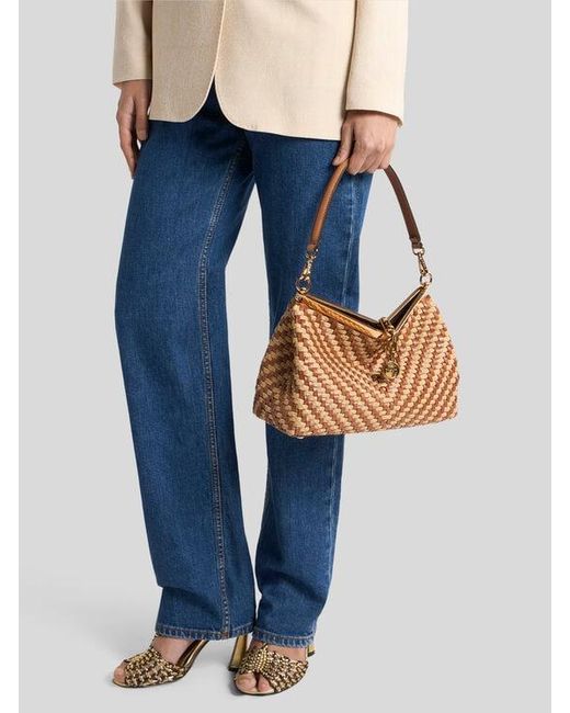 Etro Brown Medium Woven Leather And Raffia Vela Bag