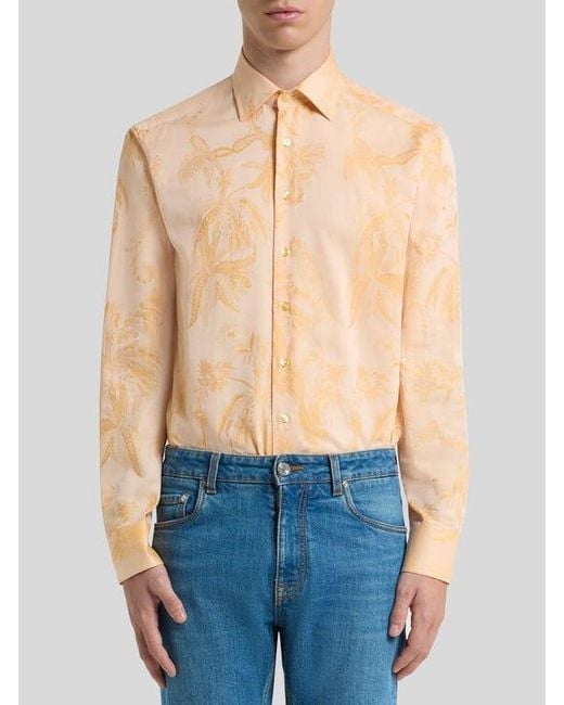 Etro Natural Cotton Jacquard Shirt With Parrot And Palm Tree Motif for men