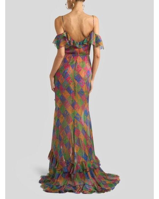 Etro White Silk Long Dress With Ruffles And Geometric Paisley Motif