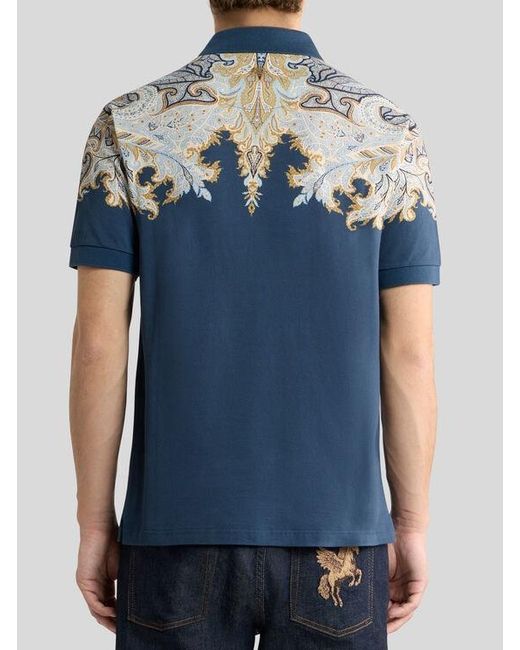 Etro Blue Cotton Pique Polo Shirt With Placed Print for men