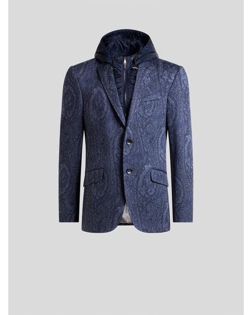 Etro Blue Cotton-Blend Jacquard Jacket With Arnica Motif And Bib for men