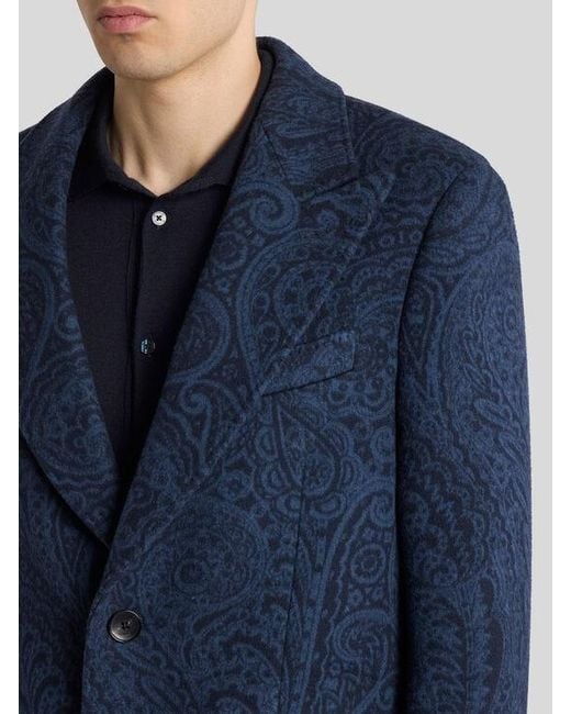 Etro Blue Wool And Cashmere Jacquard Coat for men