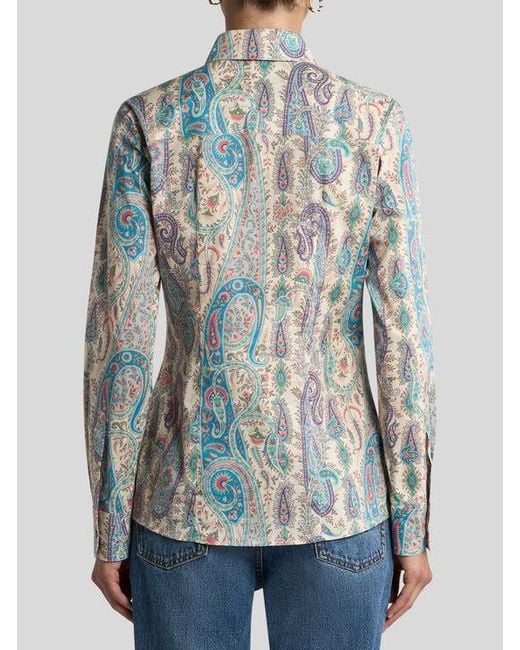 Etro Gray Stretch Cotton Shirt With Leafy Paisley Motif