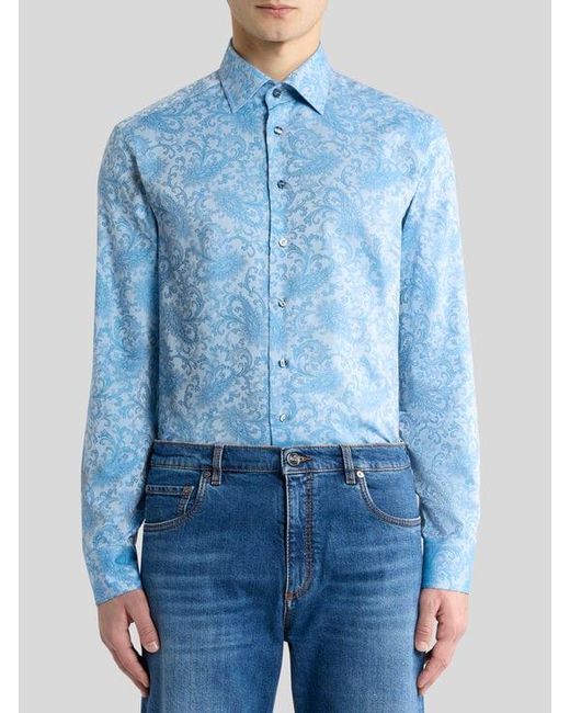 Etro Blue Paisley Cotton Jacquard Shirt for men