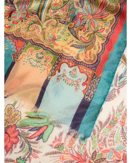 Etro Multicolor Cashmere, Silk And Wool Scarf With Paisley Foliage Motif