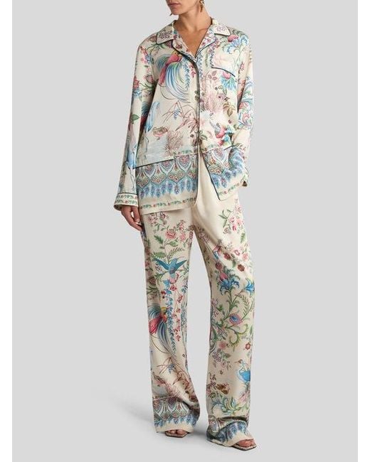 Etro White Wide-Leg Trousers With Placed Flora And Fauna Print