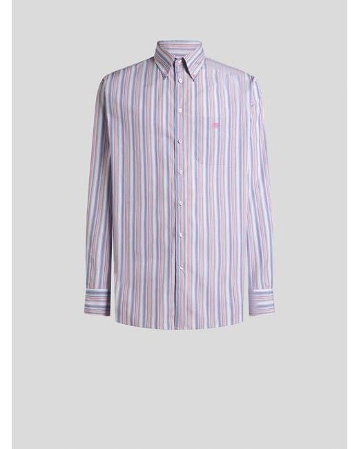 Etro Purple Striped Cotton Button-Down Shirt With Pegaso for men