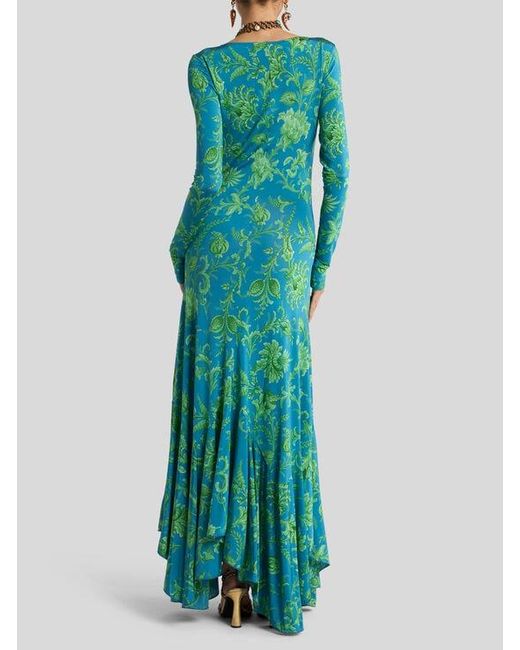 Etro Green Long Stretch Jersey Dress With Floral Motif